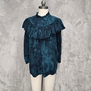 Vintage Malihini Hawaii Women Top L Teal Tie Dye Ruffle Victorian Prairie Zip Bk